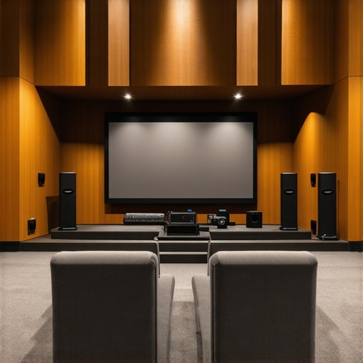 A sophisticated home theater with acoustic panels and strategically placed speakers