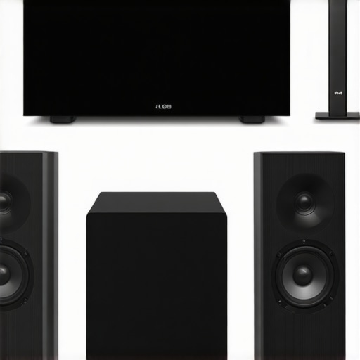 A sleek home audio system with wireless speakers, amplifier, and acoustic treatments