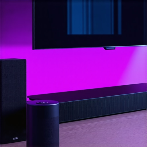 Modern home audio system with smart speakers and soundbar in a stylish living room.
