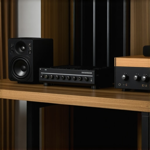 A professional home audio system with headphones, speakers, and amplifier arranged on a desk