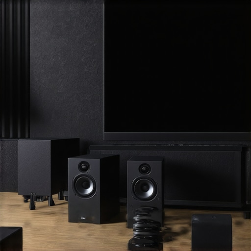 A well-designed home audio setup with speakers and acoustic panels for optimal sound quality.