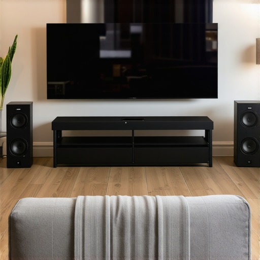 Home theater with calibration microphone and speakers in a modern living room