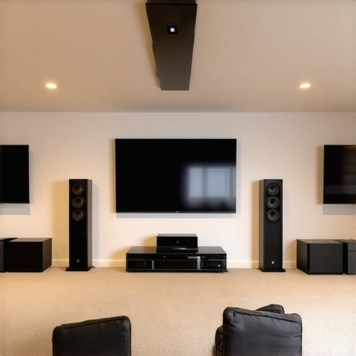 A sleek home theater featuring ceiling speakers, acoustic panels, and a large TV, showcasing a high-end audio setup.