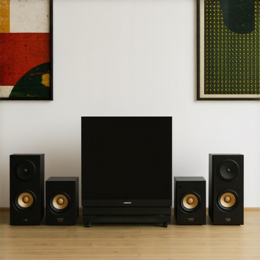 A sleek, modern home audio speaker setup in a stylish living room