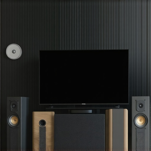 A sleek, high-quality home audio system with speakers and amplifiers in a contemporary living room