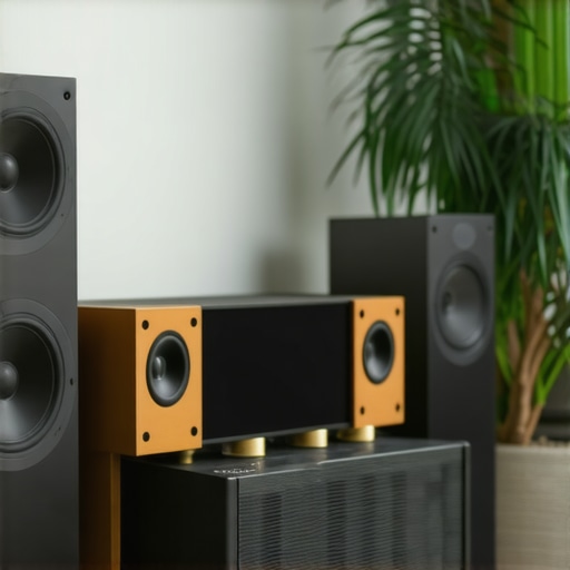 Contemporary home audio system with speakers and acoustic panels in a living room