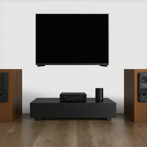 A sleek home audio setup with a soundbar and bookshelf speakers in a stylish living room