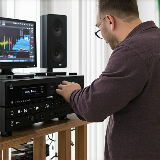 Audiophile expert using calibration tools for high-end home audio setup