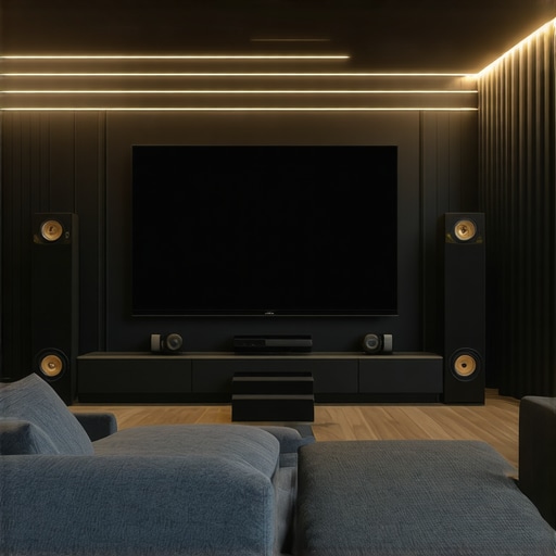 Smart Home Theater Setup with Ambient Lighting High-tech home theater with smart controls, surround sound speakers, and ambient lighting.