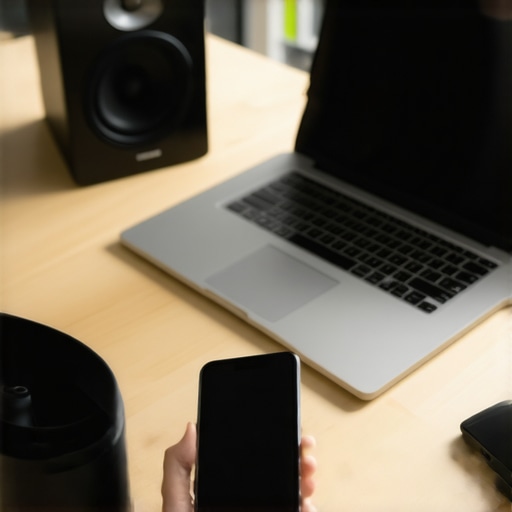 Person comparing prices on home audio gear on laptop and smartphone