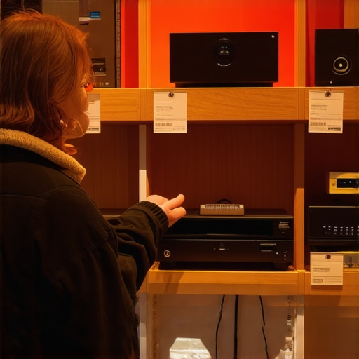 Person evaluating multiple audio devices with price tags in a store