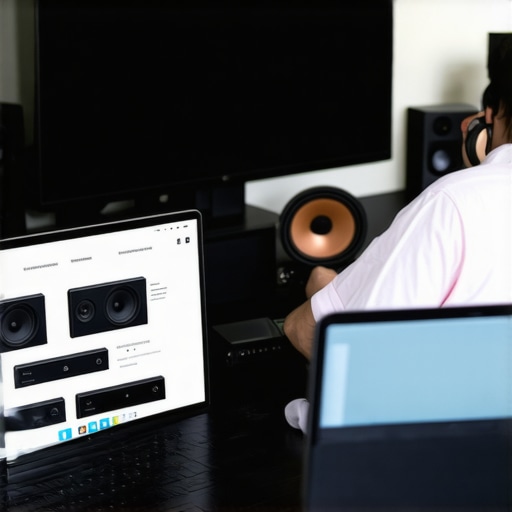 Person shopping for audio gear online with headphones and speakers