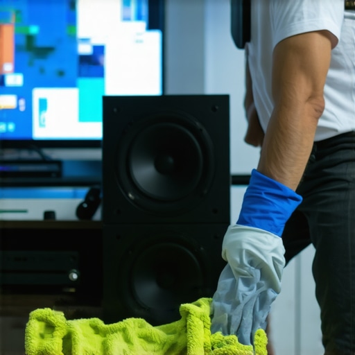 Maintaining Home Audio Gear with Proper Tools Person cleaning audio equipment with microfiber cloth and compressed air in a tidy home theater setup.