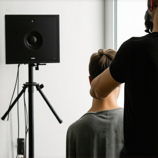 Person measuring a room for optimal speaker placement.