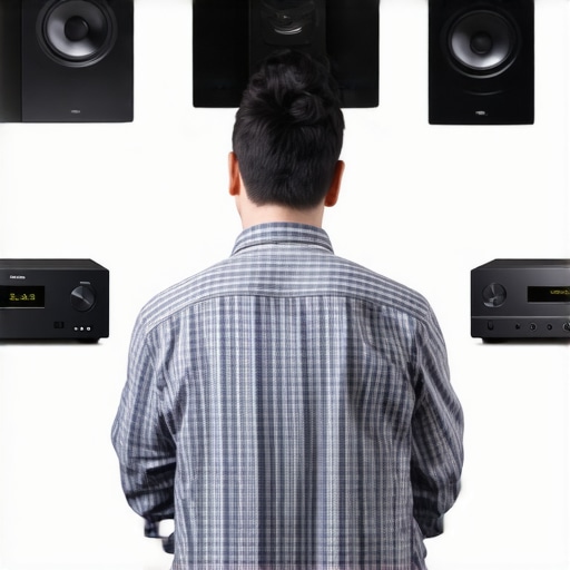 Person comparing home audio speakers and amplifiers online with reviews and price tags.