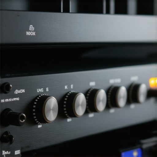 Close-up photo of a premium audio amplifier showing controls and indicator lights