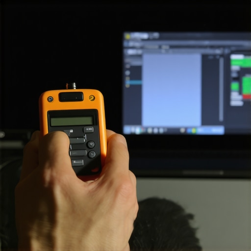 Person calibrating home theater using sound level meter and REW software