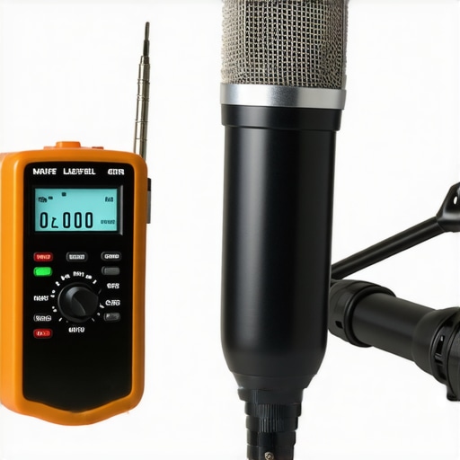 A professional-grade sound level meter alongside a measurement microphone used for calibrating home audio systems