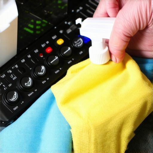Person cleaning connectors on home audio gear with a microfiber cloth and contact cleaner spray