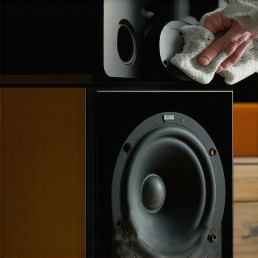Close-up of a person cleaning a home speaker to ensure optimal sound quality