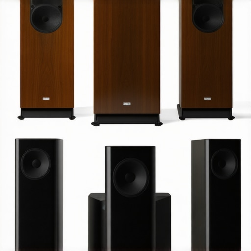 Professional speaker placement setup in a modern living room with calibration tools