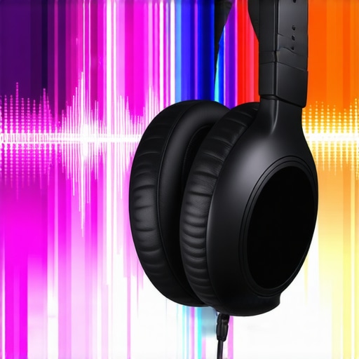 High-end headphones with sleek design and vibrant sound wave visuals.