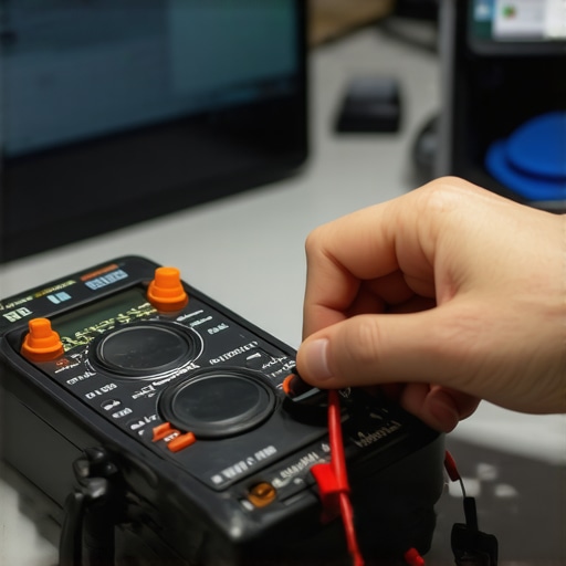 Using a multimeter for audio maintenance Technician testing an amplifier with a multimeter in a home audio setup.