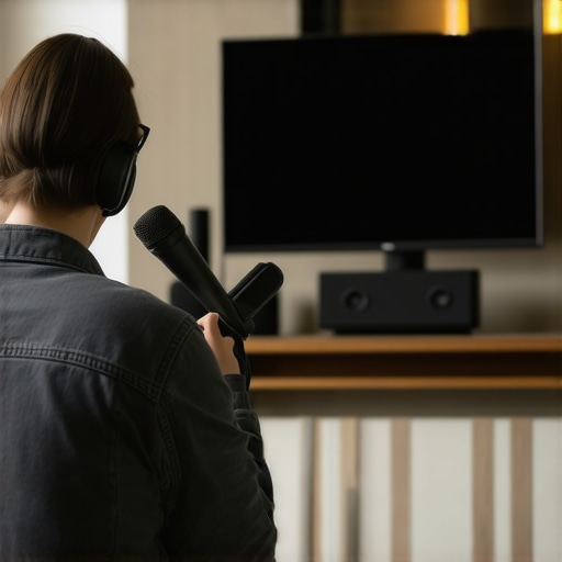 Calibrating Home Audio System in a Modern Living Room Person using microphone to calibrate audio system in living room
