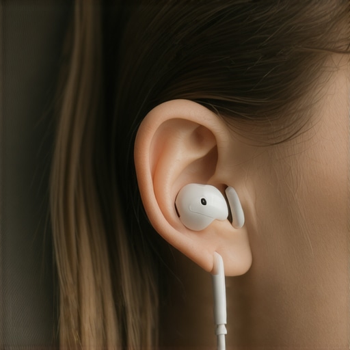 Close-up of durable, comfortable earbuds securely fitted during a flight.