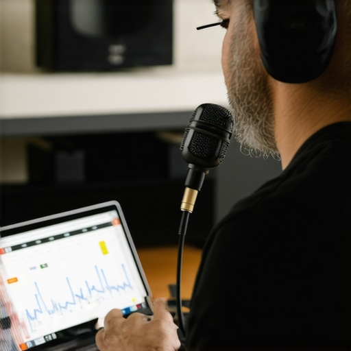 Technician calibrating home audio equipment with measurement microphone and laptop