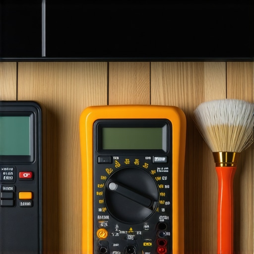A set of tools including a multimeter, cleaning brushes, and a digital device displaying firmware update, laid out on a workbench for audio maintenance.