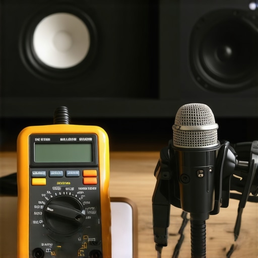Technician calibrating home audio system with multimeter and SPL meter
