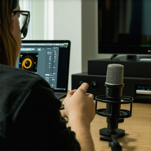 Person calibrating audio system using REW software and microphone in living room.