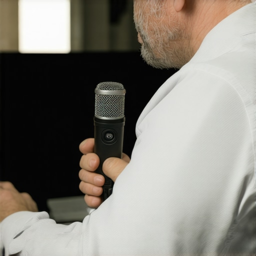 Person calibrating home speakers with SPL meter and microphone