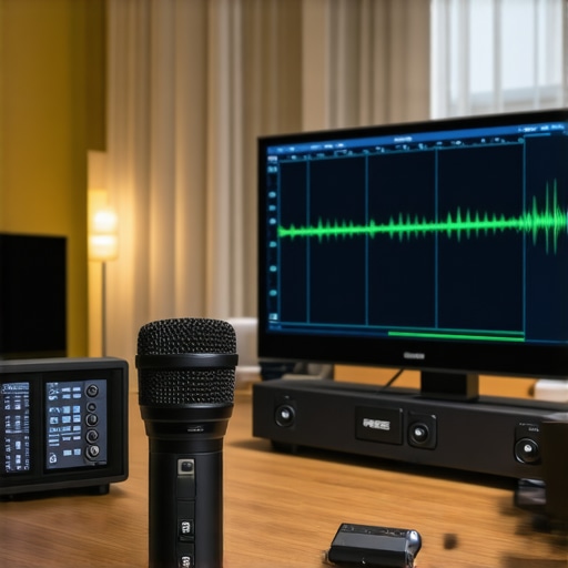 Audio calibration tools being used to optimize sound quality.