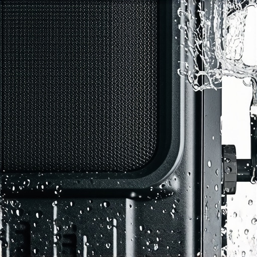 Close-up of a rugged portable speaker with saltwater spray highlighting its durable, corrosion-resistant design.