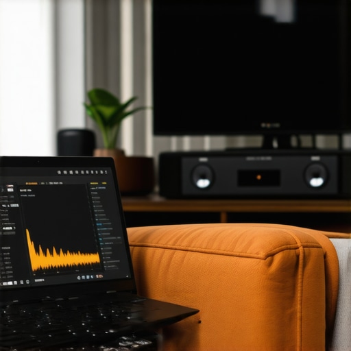 A person using Room EQ Wizard on a laptop to calibrate home audio speakers in a listening room