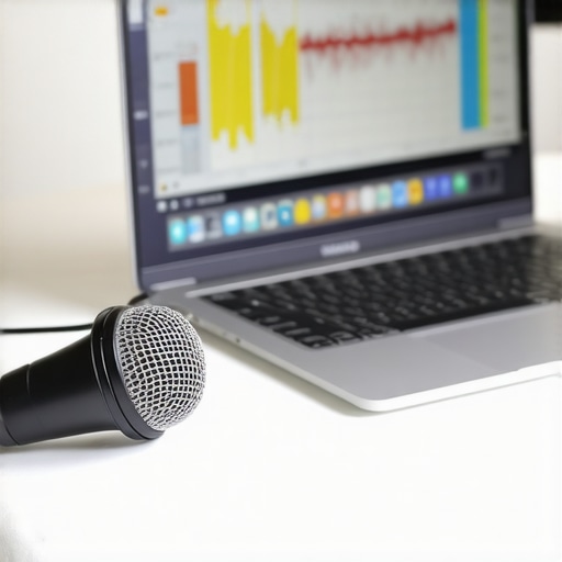 Person using a measurement microphone and laptop to calibrate home audio system