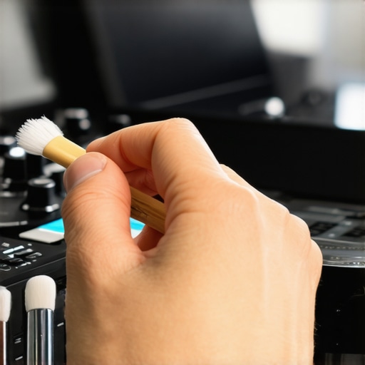 Person cleaning audio connectors with contact cleaner and brush to ensure optimal performance.