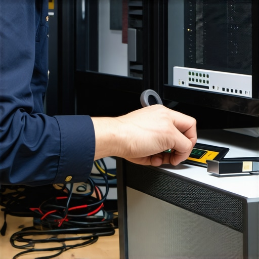 Technician using testing devices on home amplifiers and speakers