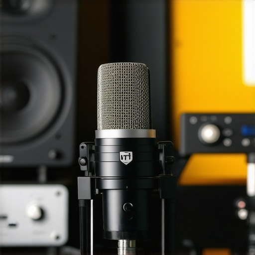 Home Audio Calibration Microphone Setup A person calibrating a home audio system using a specialized microphone for optimal sound balance