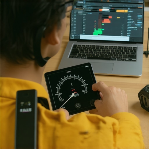 Home Audio Calibration Setup Person using calibration tools on speaker system in a modern living room.
