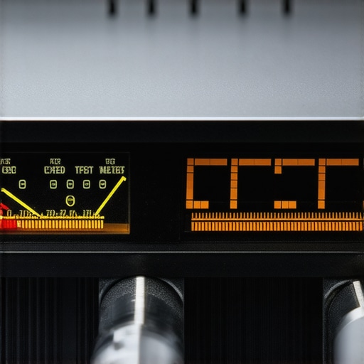 Close-up of a sleek audio amplifier showing DC offset indicator