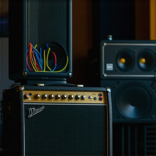 Compact amp connected to large tower speakers in a home audio setup