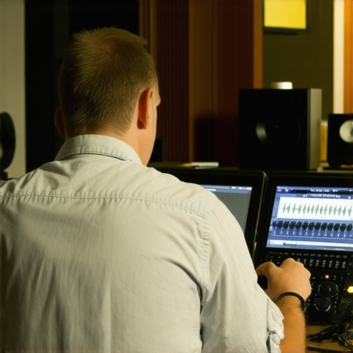 Technician calibrating home audio system with specialized tools.