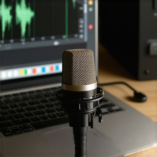 Microphone connected to laptop with sound analysis software on a home audio equipment table