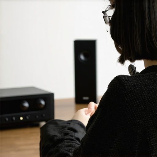Person calibrating home audio speakers with amplifiers and test tones.