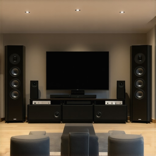A well-designed listening room with speakers and acoustic panels for best sound quality.