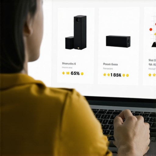 Person comparing prices and reviews for speakers on a laptop