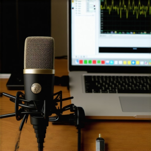 Person using measurement microphone and laptop to calibrate home speaker system